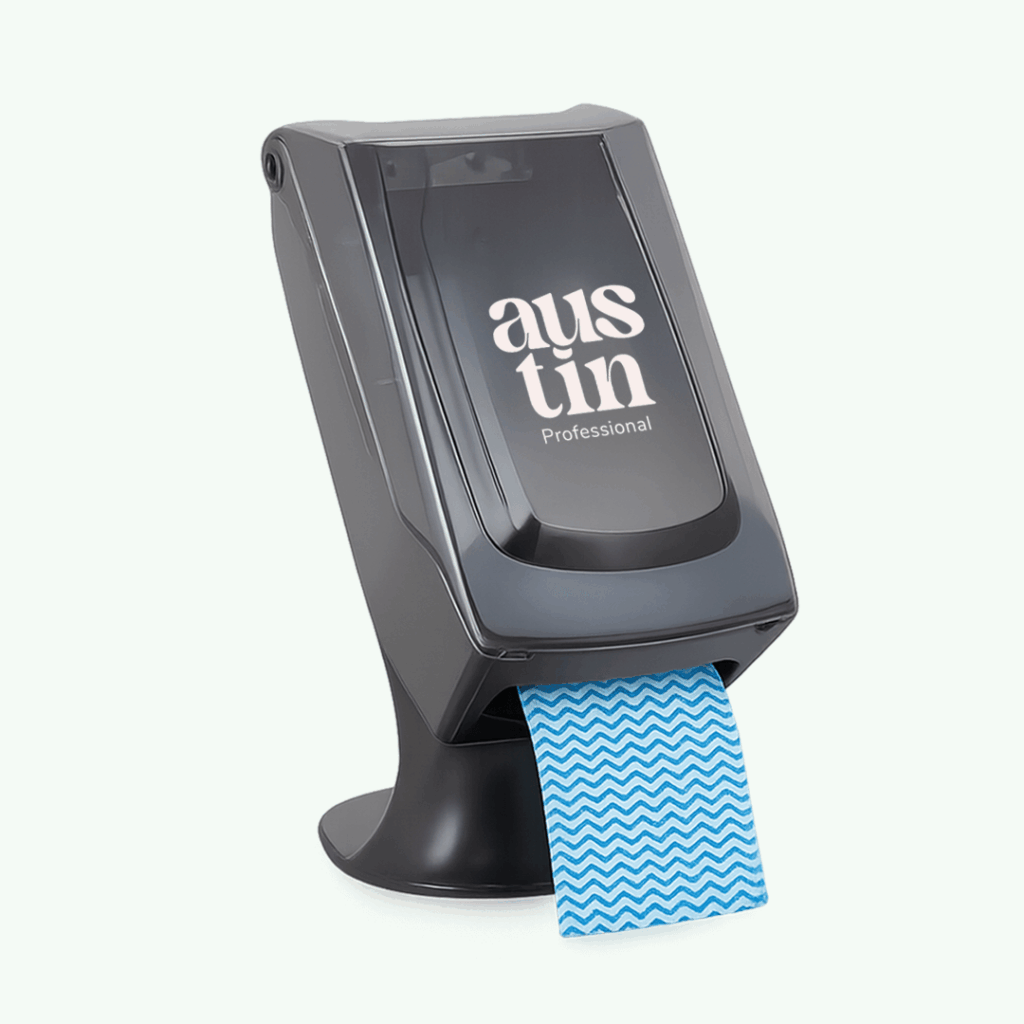 Dispenser Austin com design profissional e pano multiuso interfolhado para limpeza comercial – título descritivo que valoriza tanto a marca quanto a utilidade do pano multiuso no ambiente corporativo